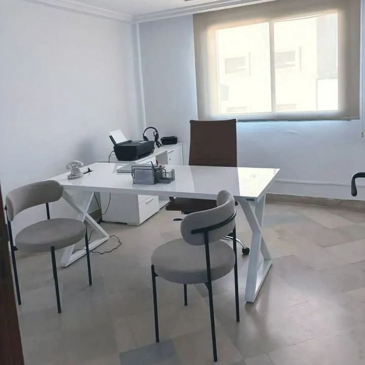 Bureau meublé avec poste de travail, fauteuils visiteurs et imprimante